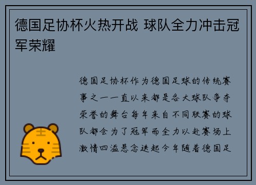 德国足协杯火热开战 球队全力冲击冠军荣耀