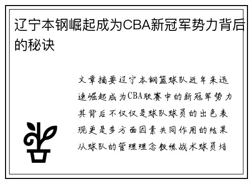 辽宁本钢崛起成为CBA新冠军势力背后的秘诀