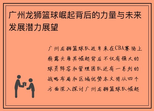 广州龙狮篮球崛起背后的力量与未来发展潜力展望