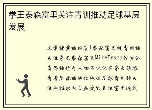 拳王泰森富里关注青训推动足球基层发展