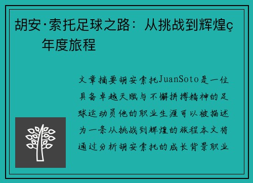 胡安·索托足球之路：从挑战到辉煌的年度旅程